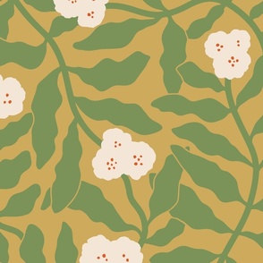 Intricate Botanical Bloom Stylized Green Trailing Floral on Mustard Yellow Background