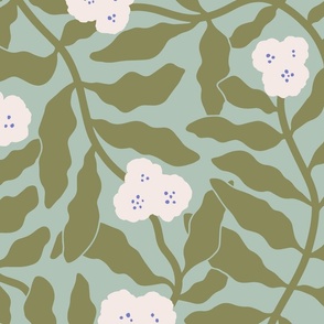 Intricate Botanical Bloom Stylized Trailing Floral in olive green on sage background 