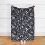 Maya Boho Floral - Rotated, Navy Blue, 18" repeat