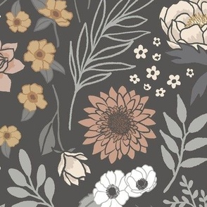 Maya Boho Floral - Charcoal, Large Scale 