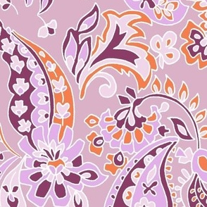 Large Paisley folklore floral - lilac orange rose aubergine