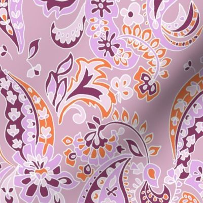 medium Paisley folklore floral - lilac orange rose aubergine