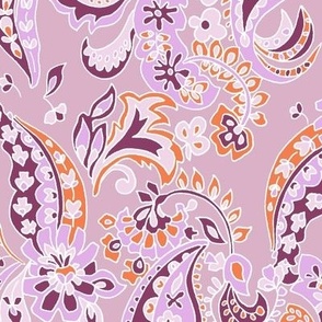 medium Paisley folklore floral - lilac orange rose aubergine