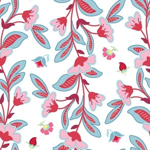 folk art floral rows pink red and blue