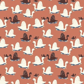 Bird Pattern Design with Swans on a rust Background
