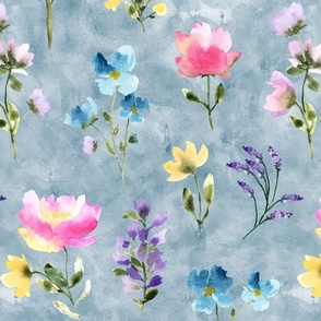 Watercolor meadow floral pattern painted light  blue background jumbo large