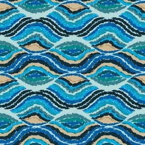 Pacific Waves Ocean Blue- lake house, beach cottage,  in azure and beige fabric small