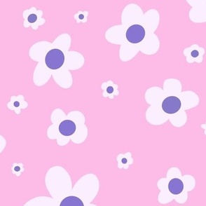 Light pink and purple ditsy daisies on pink, girl power - large print