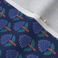 Block print bedding - indian block print inspired floral - block print flower fabric - medium blue teal and orange red on deep blue - extra small