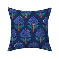 Block print bedding - indian block print inspired floral - block print flower fabric - medium blue teal and orange red on deep blue - large