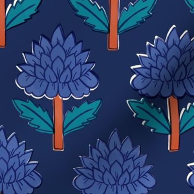 Block print bedding - indian block print inspired floral - block print flower fabric - medium blue teal and orange red on deep blue - large
