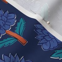 Block print bedding - indian block print inspired floral - block print flower fabric - medium blue teal and orange red on deep blue - medium 30_01 t 150 p