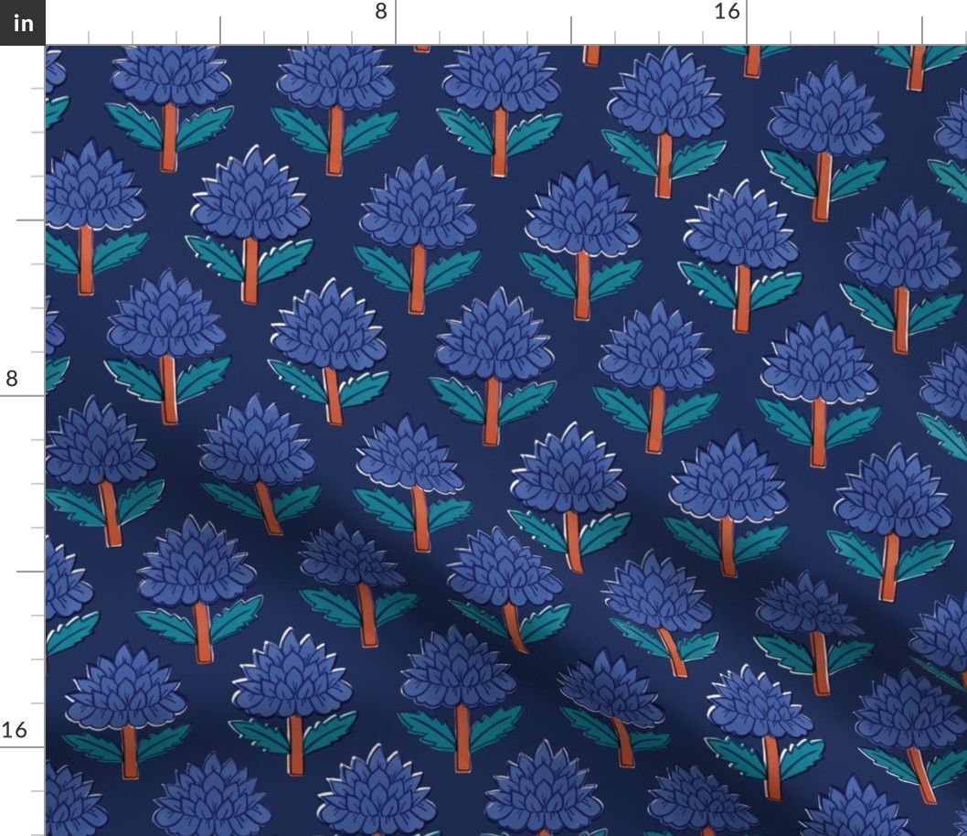 Block print bedding - indian block print inspired floral - block print flower fabric - medium blue teal and orange red on deep blue - medium 30_01 t 150 p