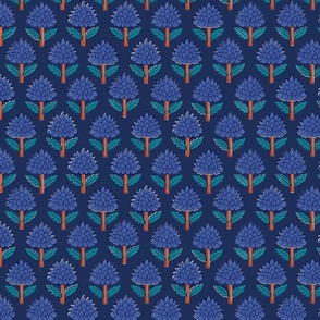Block print bedding - indian block print inspired floral - block print flower fabric - medium blue teal and orange red on deep blue - small 21 150 ppi