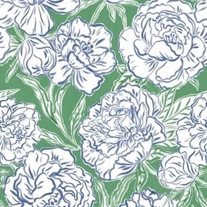 Small - Painted peonies - blue and green - blue peony flowers - painted floral - artistic blue and green painterly floral fabric - spring garden preppy floral - girls summer dress bedding wallpaper