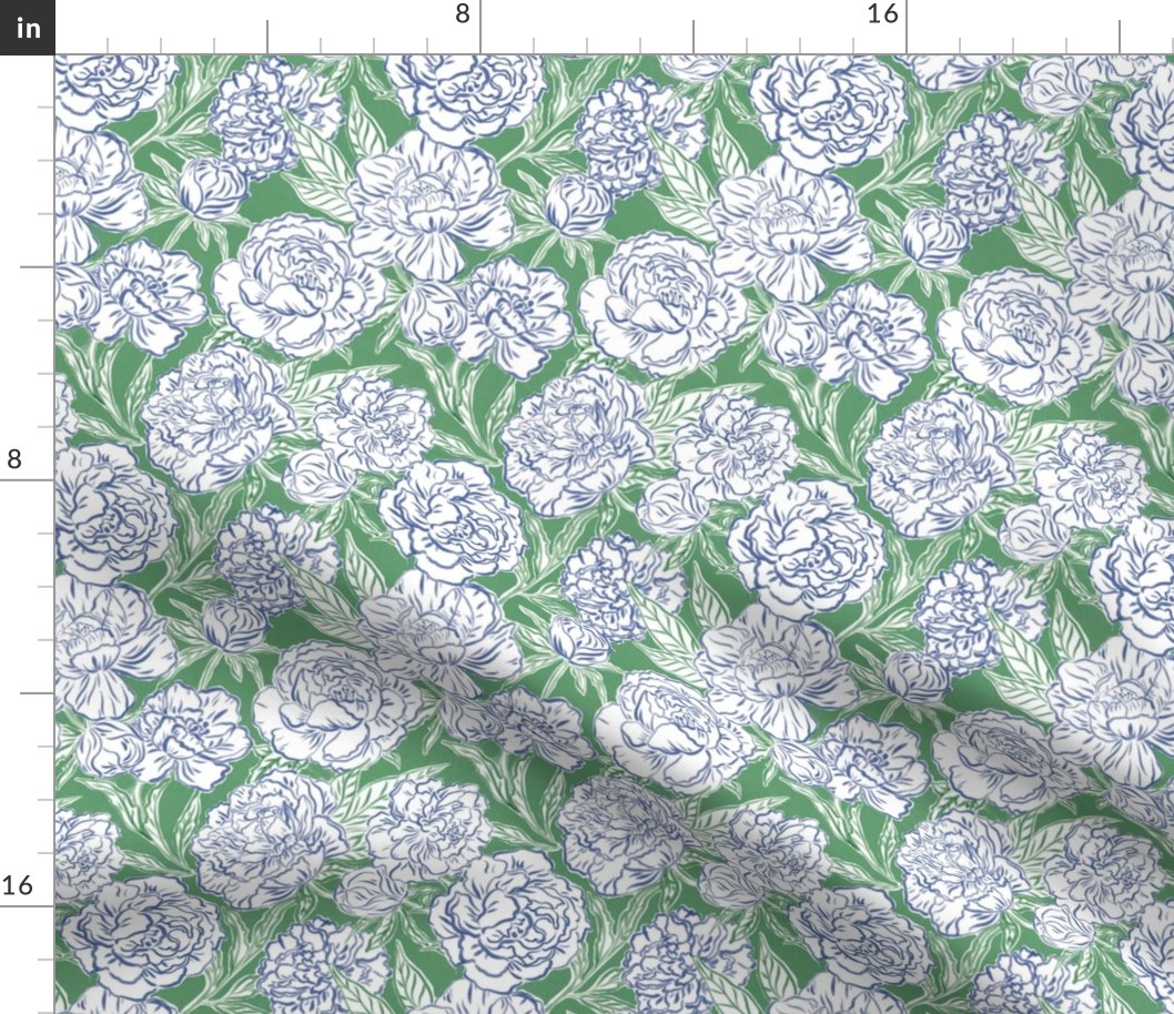 Small - Painted peonies - blue and green - blue peony flowers - painted floral - artistic blue and green painterly floral fabric - spring garden preppy floral - girls summer dress bedding wallpaper