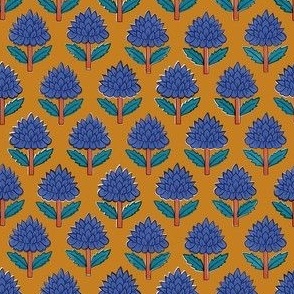  extra small - Block print bedding - indian block print inspired floral - block print flower fabric - medium blue teal and orange red on Desert Sun (dark orange yellow) 