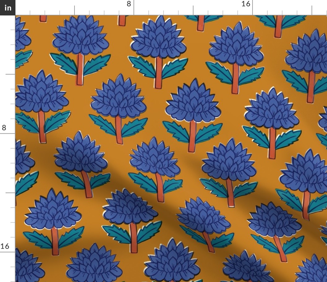 large - Block print bedding - indian block print inspired floral - block print flower fabric - medium blue teal and orange red on Desert Sun (dark yellow)  