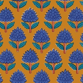 small - Block print bedding - indian block print inspired floral - block print flower fabric - medium blue teal and orange red on Desert Sun (dark orange yellow) 