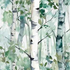 Green Watercolour Birch Trees 