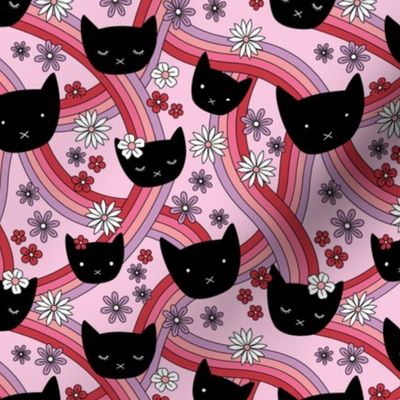 Groovy kawaii cats and daisy flowers on rainbow swoosh seventies funky retro design pink red lilac girls