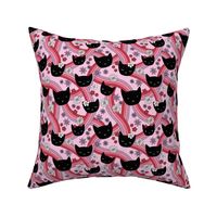 Groovy kawaii cats and daisy flowers on rainbow swoosh seventies funky retro design pink red lilac girls