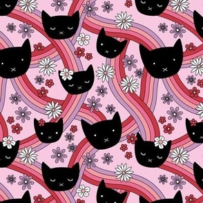 Groovy kawaii cats and daisy flowers on rainbow swoosh seventies funky retro design pink red lilac girls