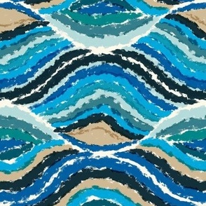 Pacific Waves Ocean Blue- lake house, beach cottage,  in azure and beige fabric large
