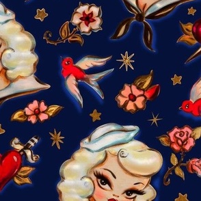 LARGE-Vintage inspired Sailor Pinup Girl NAVY