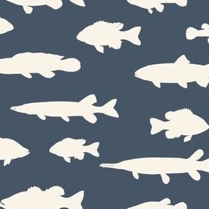 Medium Scale - Cream Fish on Denim Blue Background