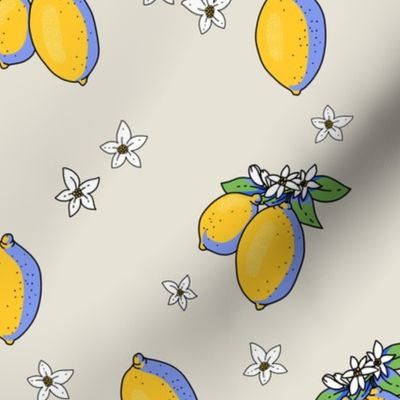 Summer bright cartoon lemon fruit with flowers on beige