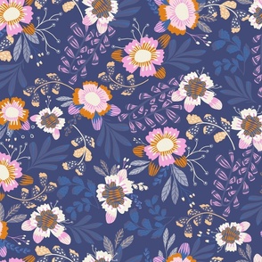 Happy Flowers: Pink and Mustard Yellow Florals with Blue Foliage on dark Blue