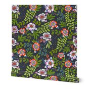 Happy Flowers: Red and Candy Pink Florals with Lime green Foliage on dark Blue