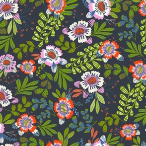 Happy Flowers: Red and Candy Pink Florals with Lime green Foliage on dark Blue