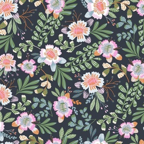 Happy Flowers: Light Blue & Pink Florals with sage green Foliage on dark Blue