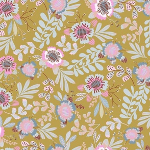 Happy Flowers: Fog Gray and Pink Florals with light blue Foliage on Honey Yellow