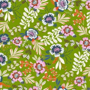 Happy Flowers: Fog Gray, Blue & Pink Florals with beige Foliage on Lime Green