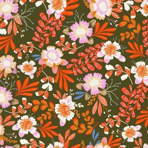 Happy Flowers: Light Brown & Pink Florals with Poppy Red Foliage on Dark Brown