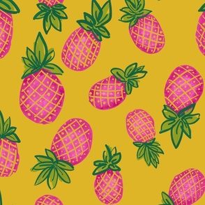 Tropical hot pink  pineapples in yellow