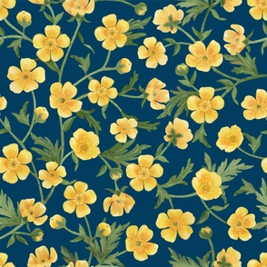  Yellow buttercups trailing floral watercolor pattern on dark royal blue fabric