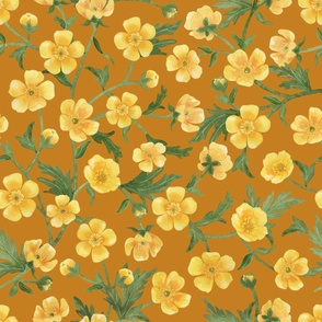  Yellow buttercups trailing floral watercolor pattern on desert sun golden yellow