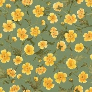  Yellow buttercups trailing floral watercolor pattern on sage green