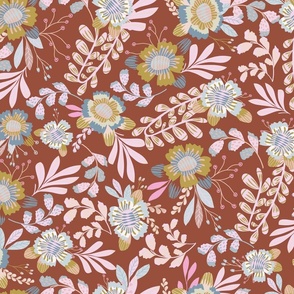 Happy Flowers: Light Brown & Light Blue Florals with Pink Foliage on Red Brown
