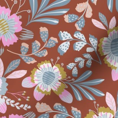 Happy Flowers:Pink & Moss Brown Florals with Blue Foliage on Red Brown