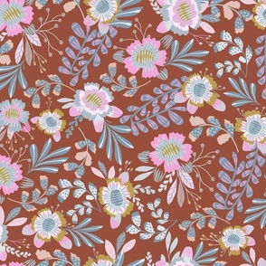 Happy Flowers:Pink & Moss Brown Florals with Blue Foliage on Red Brown