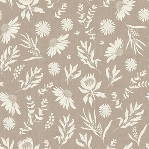 Large Scale // Australiana Flora Eucalyptus, Echinacea, Protea and Wattle on Ecru Taupe