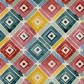 Geometric Watercolor - Diagonal concentric squares in blue, yellow and red Large - midcentury modern bedding - mid century decor