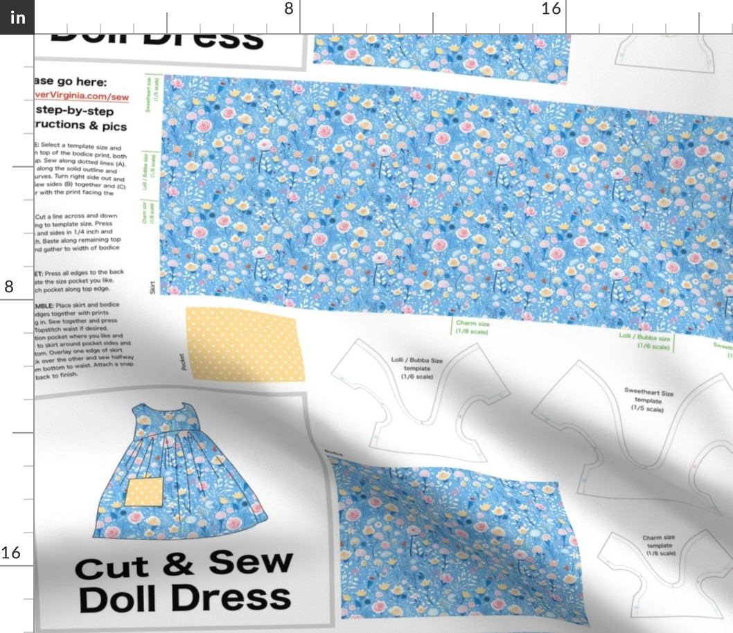 Spring Roses Cut & Sew Doll Dress on FAT QUARTER for Forever Virginia Dolls and other 1/8, 1/6 and 1/5 scale child dolls  (Flowers) // little small scale tiny mini micro doll 