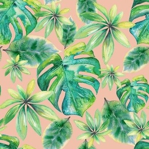 Tropical Leaves Watercolor on Coral Pink