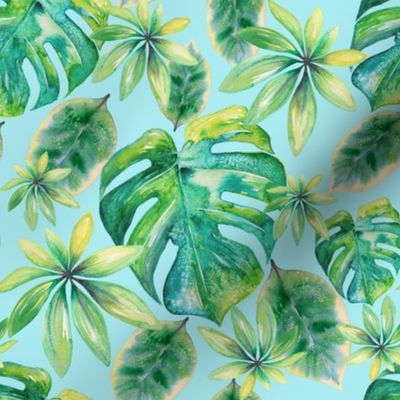 Watercolor Tropical Leaves on Blue